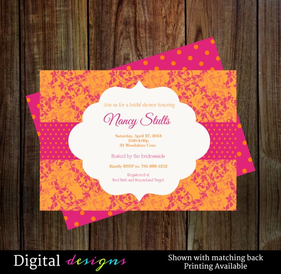 Bridal shower invitations in tangerine and hot pink printable, digital file NO.218 Il_570xn