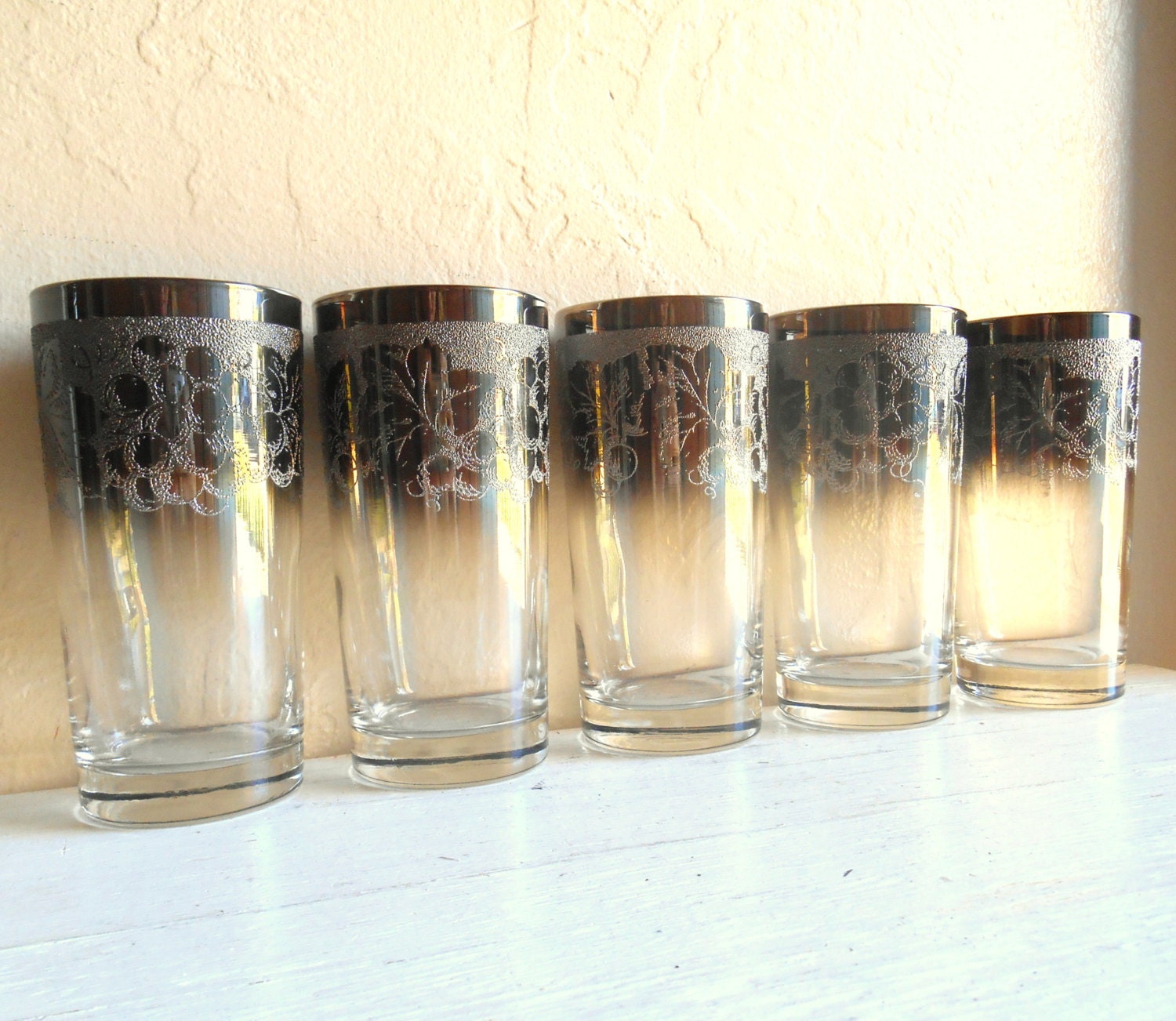 Set of 4 5 Silver Rimmed MidCentury Drinking Glasses Tall