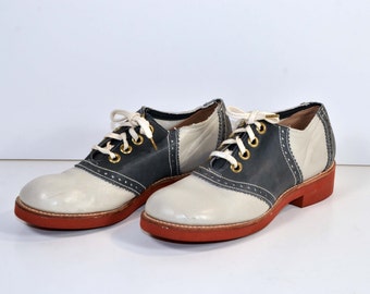 Vintage Womens Navy Cream Leather Lace Up Saddle Shoes Retro Rockabilly ...