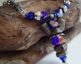 Deep Reflective Purple Beaded Antique Silver Upcycled Wing Nut Angel Necklace