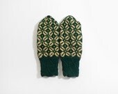 Hand Knitted Mittens - Dark Green and Yellow, Size Large