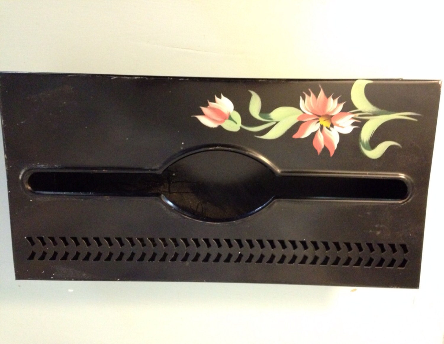 Vintage Black Metal Tissue Box Cover Tole Painted Metal