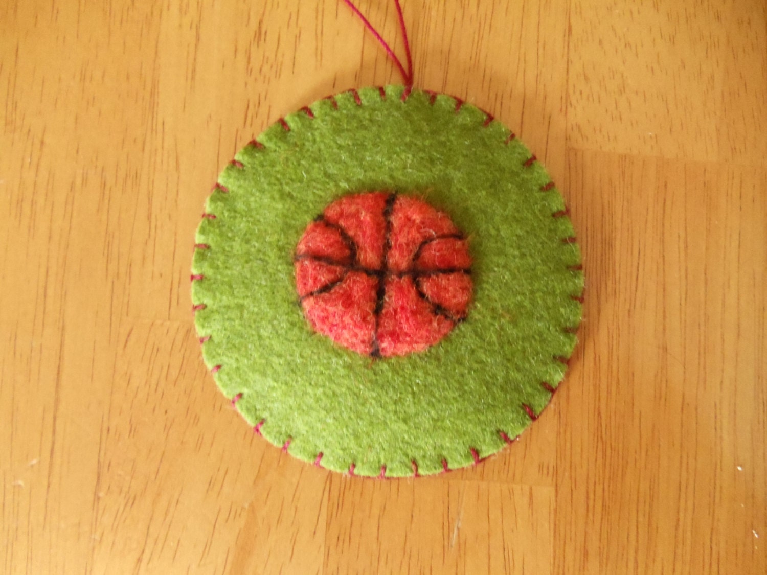 Needle Felted Basketball On Green Felt Christmas Ornament