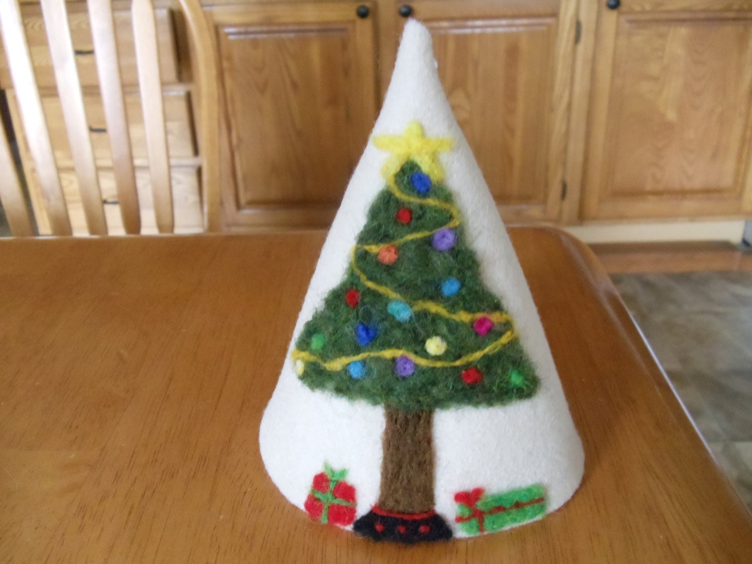 Beautiful Needle Felted Christmas Tree And Present On Off White Felt Cone Shape Christmas Decoration