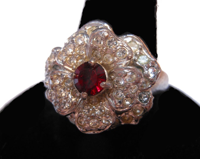 FREE SHIPPING Erwin Pearl Cocktail ring pave clear rhinestones and pronged faceted ruby rhinestone size 8