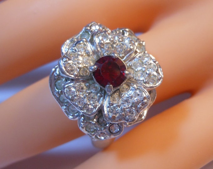 FREE SHIPPING Erwin Pearl Cocktail ring pave clear rhinestones and pronged faceted ruby rhinestone size 8