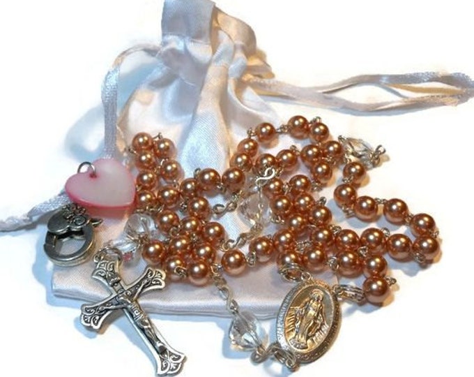 FREE SHIPPING Catholic sterling rosary Swarovski crystal rose gold pearls, Swarovski heart Pater beads, Miraculous Medal crucifix