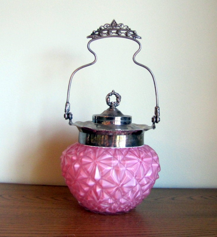 Antique Victorian Biscuit Cracker Jar Pink Satin Glass Diamond