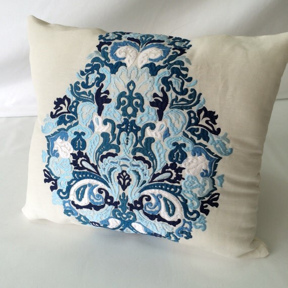 Embroidered Medallion Linen Pillow Cover Designer throw