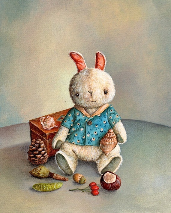 Bunny's Treasures, Newborn Art, Baby's Bedroom Illustration, Nursery Decor, Baby Gift, Baby Nursery Art Print, Bunny Art, Cute Baby Art