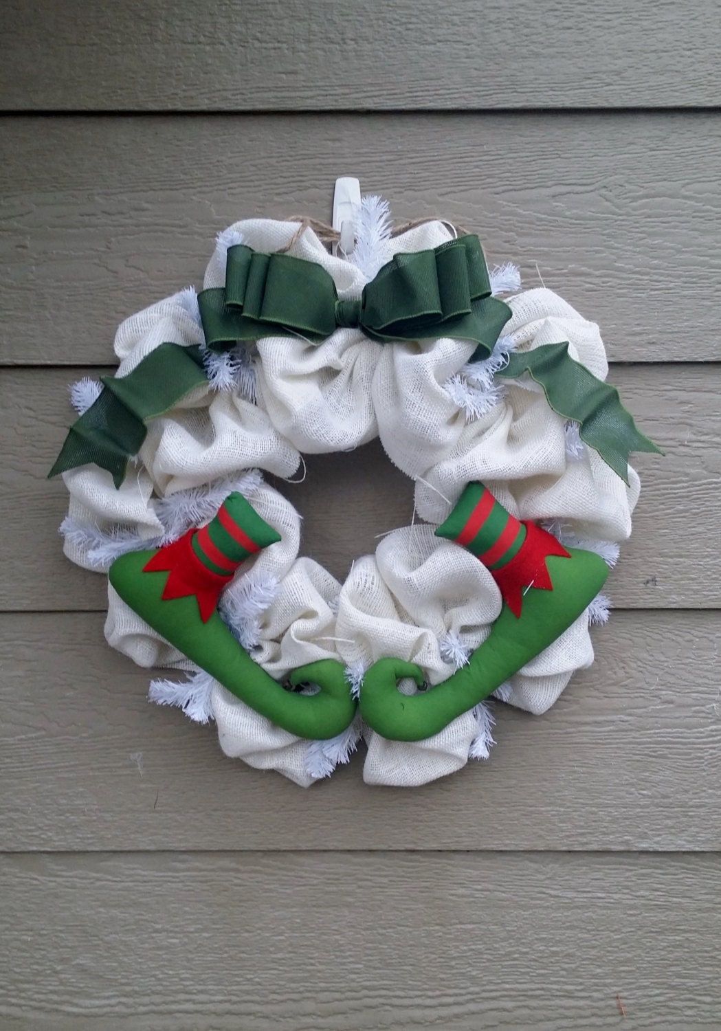 Burlap Christmas Wreath with Elf Shoes - Holiday wreath christmas wreath, elf wreath