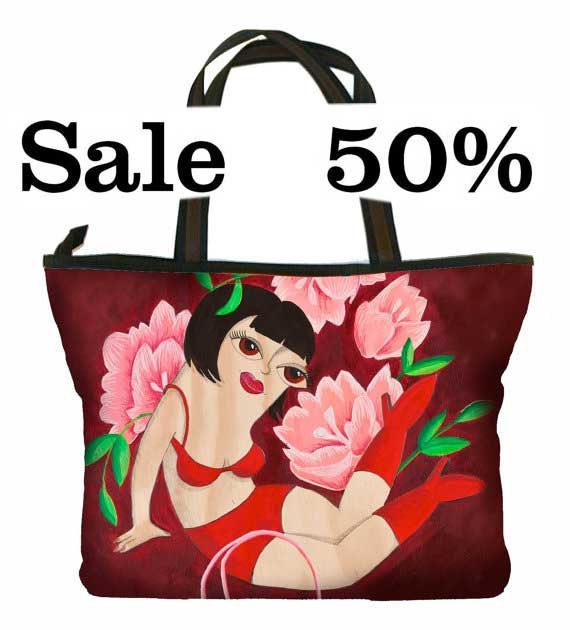 Large Handbag, pink flowers, boudoir girl, colourful, print, retro