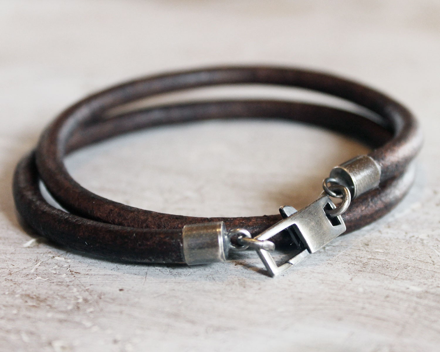 Mens Leather Bracelet with large sterling silver clasp gift