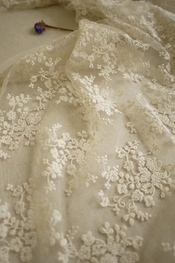 ivory Lace Fabric, Wedding Fabric, cotton Embroidered Lace, Bridal ...