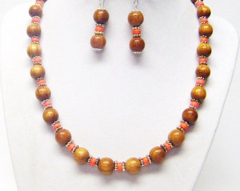 Round Natural Bayong Wood Bead Necklace & Earrings Set