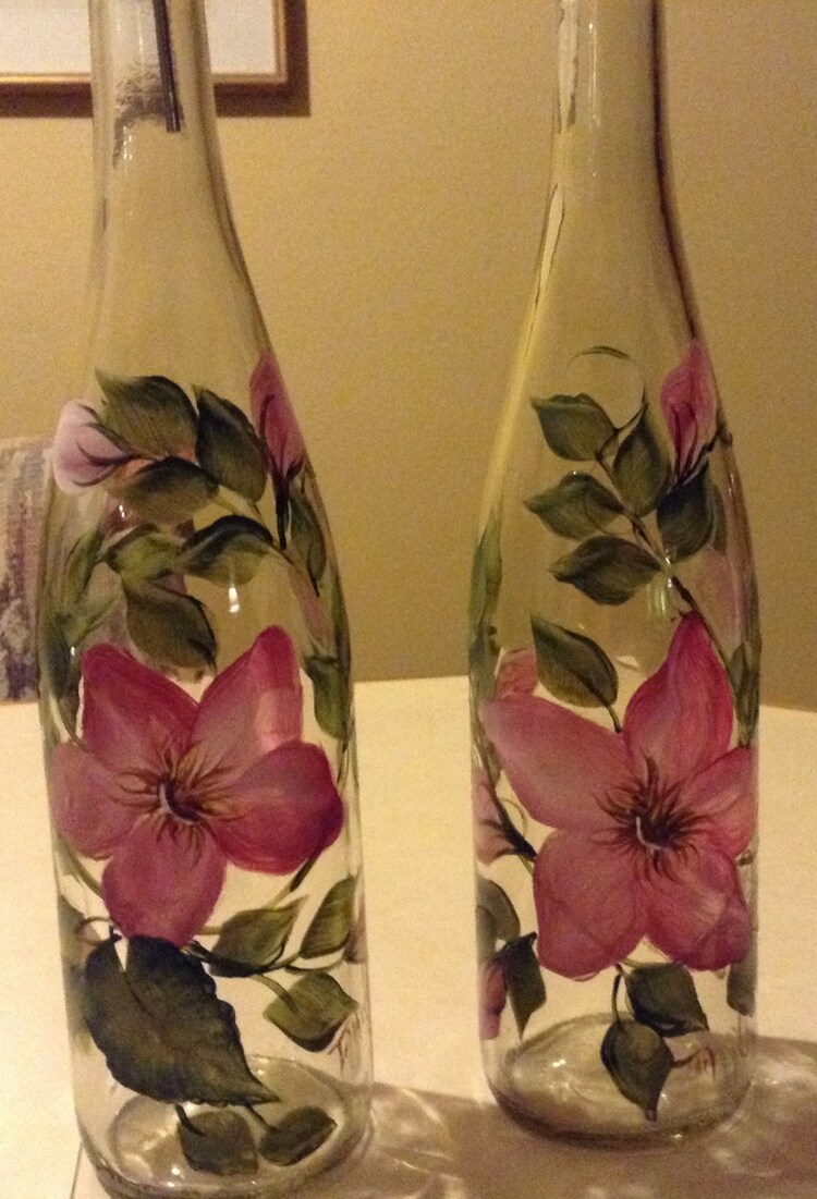 Handpainted oil dispenser with pretty pink by Handpaintedbytammy