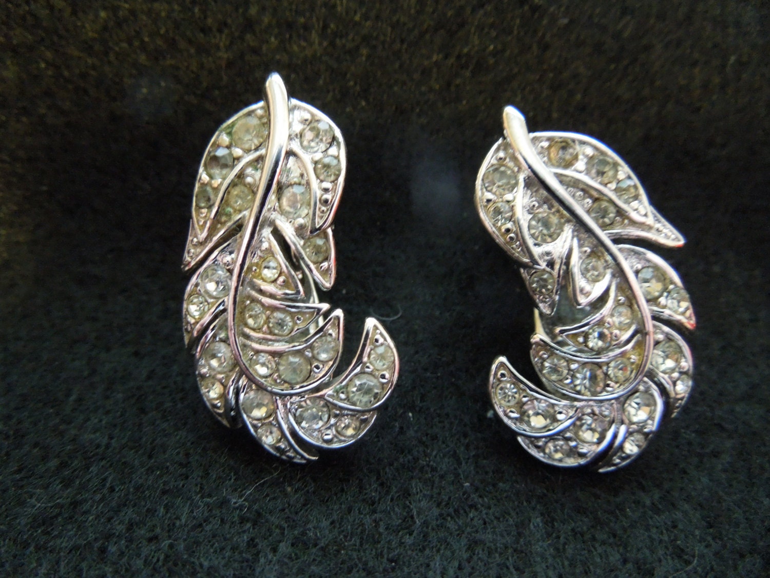 Vintage Earrings Silver Tone Clip On Rhinestones