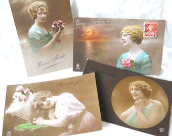 set of 4 antique French postcards, vintage postcards, photograph postcards, handtinted, bonne annee, bonne fete, happy new year