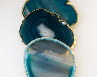 TEAL agate coasters. gem coasters. stone coasters. 4 coaster set. home decor. drinking coasters. housewarming gift.