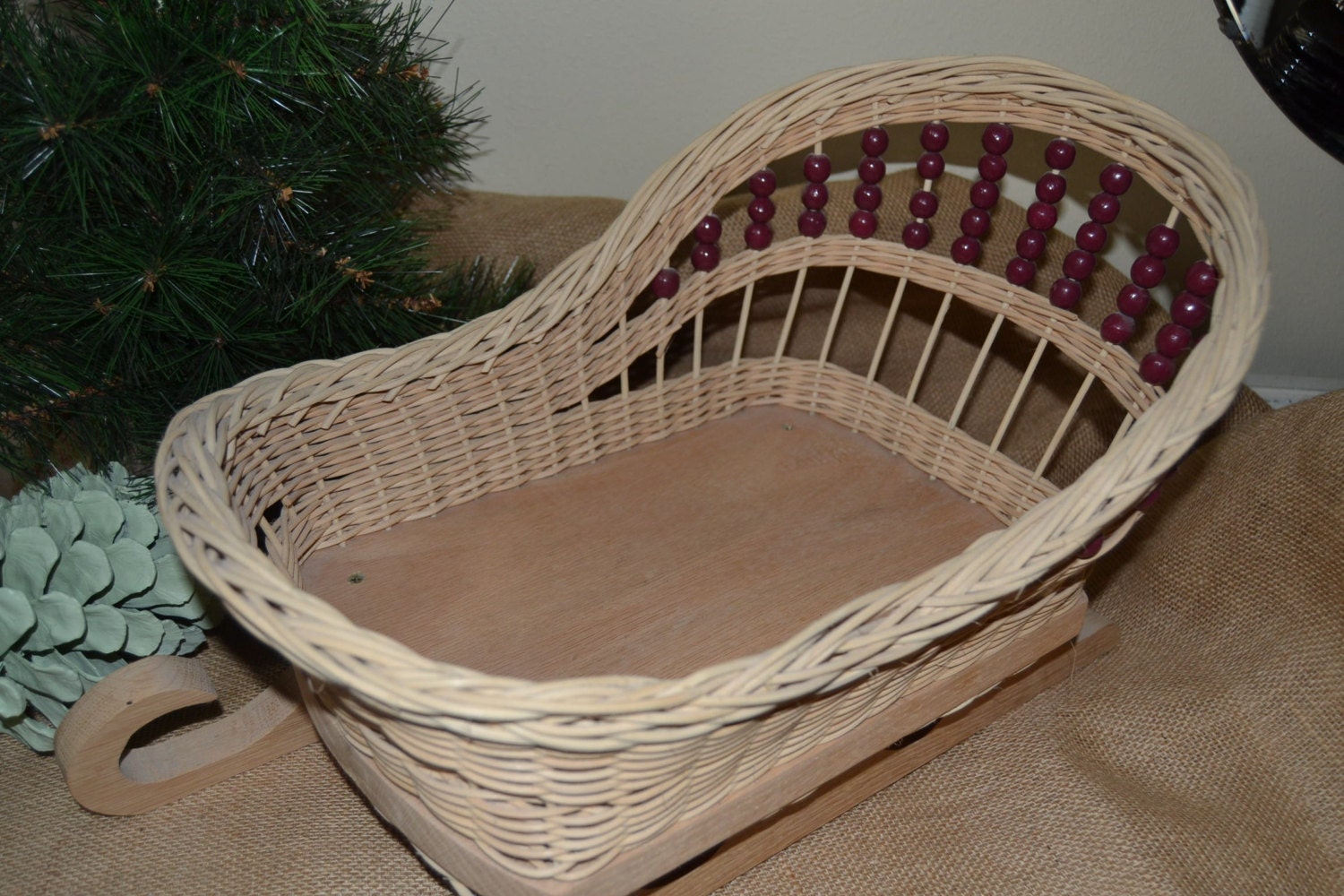 Sleigh Sled Basket Christmas Decor Rattan and Oak by VintageABCs