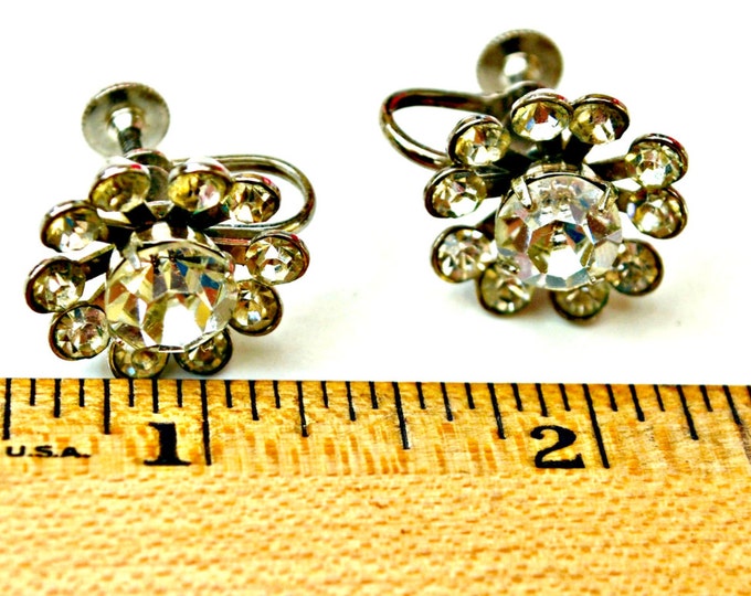 Coro Earrings Clear Rhinestone Flower screw back mid century