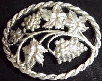 Sterling Grape Brooch Heavily Detailed Handsome Antique Sterling Silver Figural Grape Cluster Grapes Brooch Heavily Cast