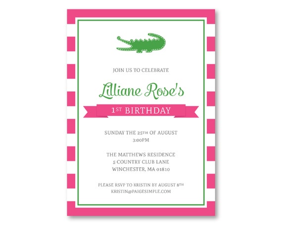 Alligator Birthday Party or Baby Shower Invitation ( Pink Alligator Party, Girls Alligator Invitation, Alligator Baby Shower) Il_570xn