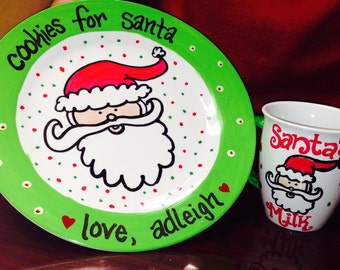 Santa Plate, Hand Painted, Cookies for Santa Plate and Mug, Personalized With Names, Christmas Plate, Reindeer food bowl
