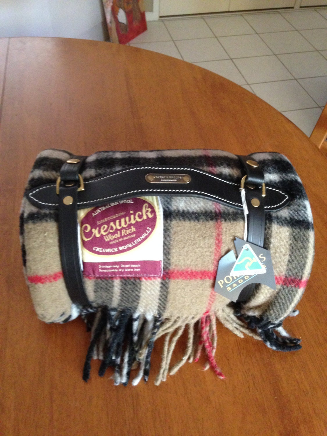 Australian wool picnic blanket and leather carry strap