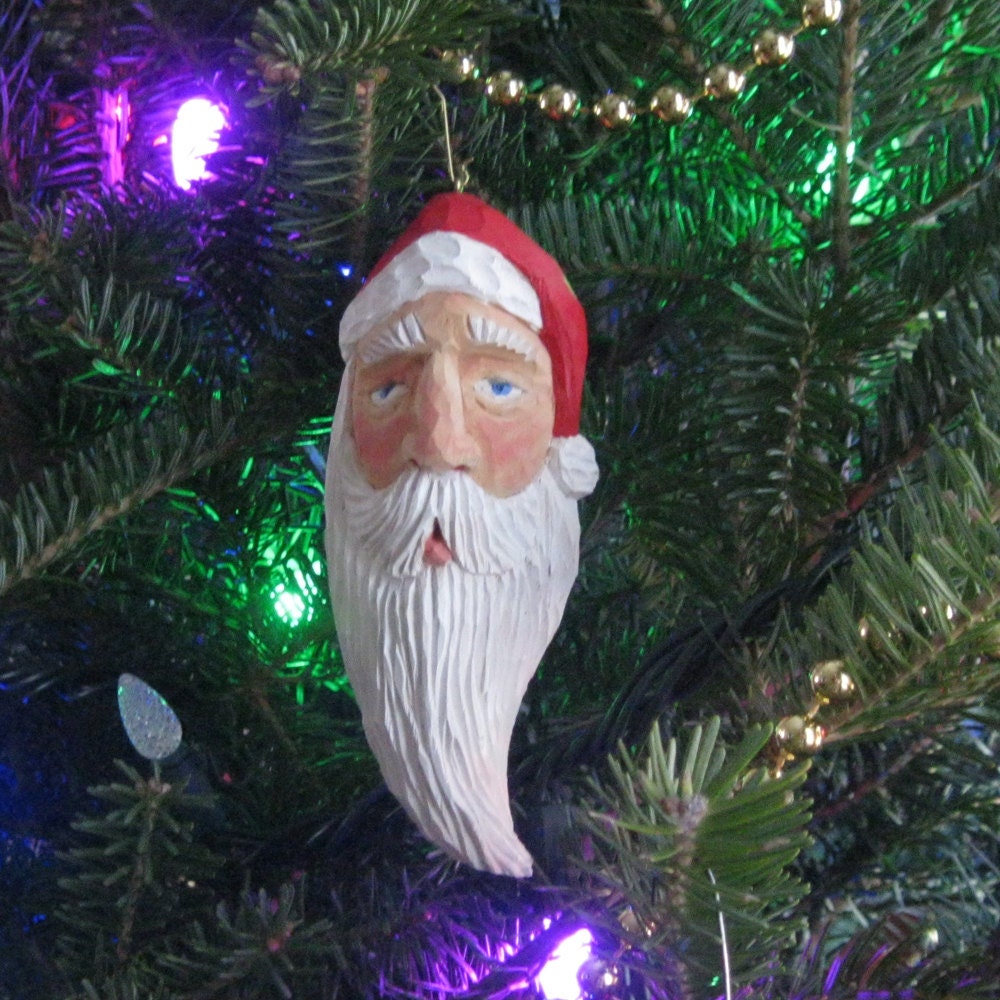 Hand Carved Wooden Santa Ornament for Christmas