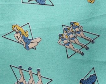 Vintage Cotton Flannel Fabric by the yard, 40s Bikini Clad Women SOS Show Cars Girls Turquoise Fabric Material BTY