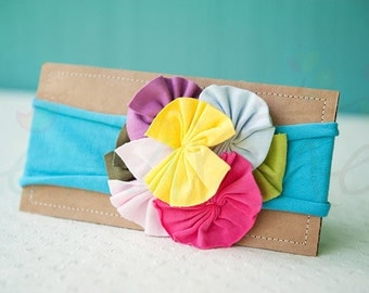 Ema Jane - Shabby Chic Headband (Rainbow Rosettes on Bright Turquoise)