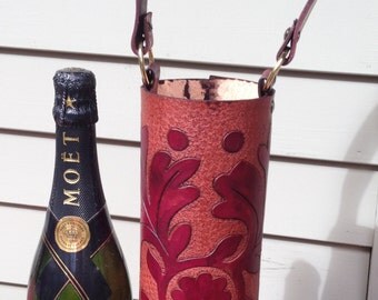 Wine Quiver / Wine Tote Tooled Leather in Burgundy and Brown - FRONDE
