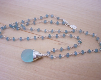 Teardrop Dainty Aquamarine Blue Briolette Sterling Silver Wire Wrapped Necklace / Gift for Her