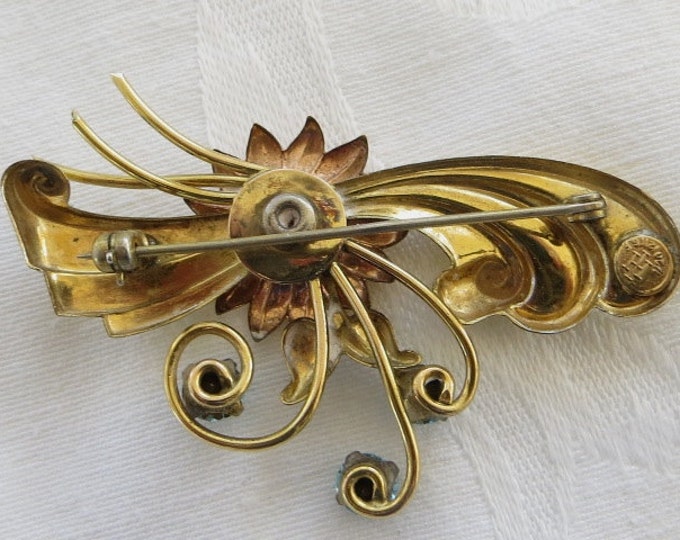Harry Iskin Brooch, Gold Filled with Blue Rhinestones, 1940s Pin, Designer signed Jewelry