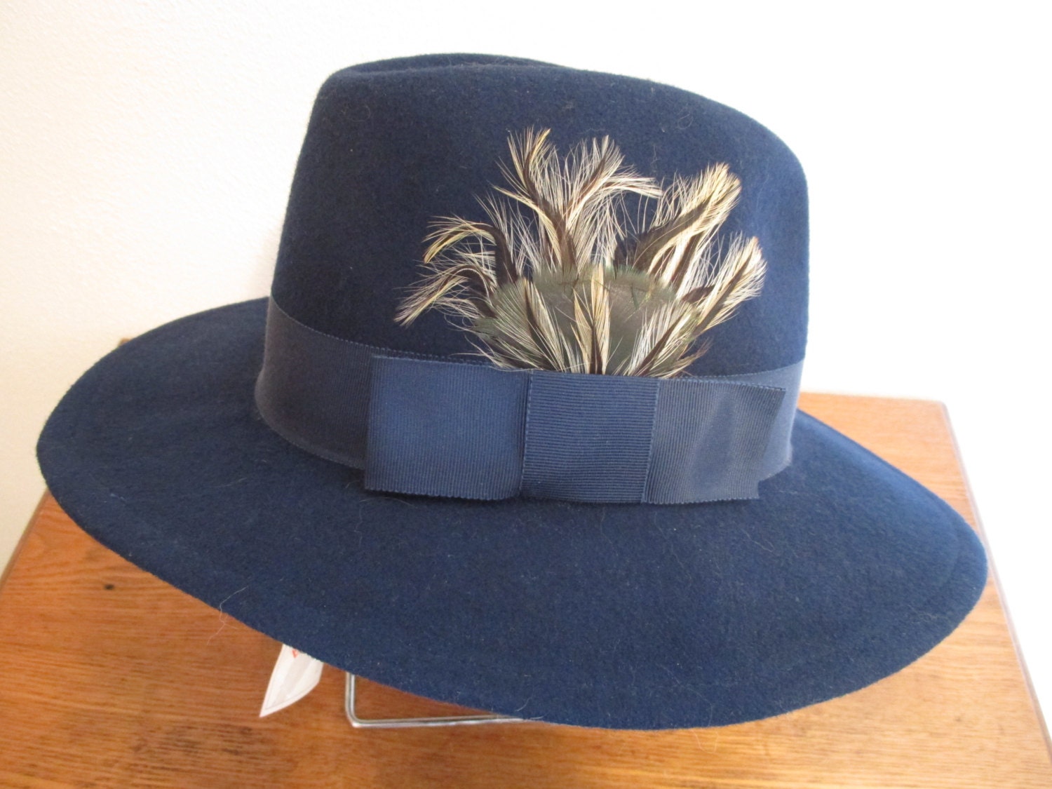 Vintage Women's Fedora Hat Navy Blue Wool 1970s Beautiful