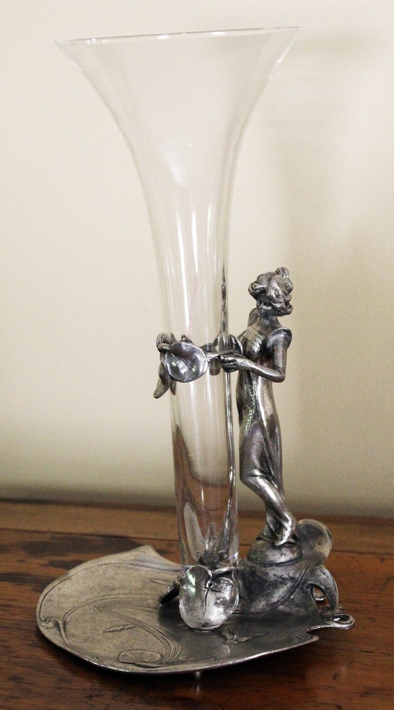 Art Nouveau Pewter Lady & Lily Pads Vase Stand with Glass