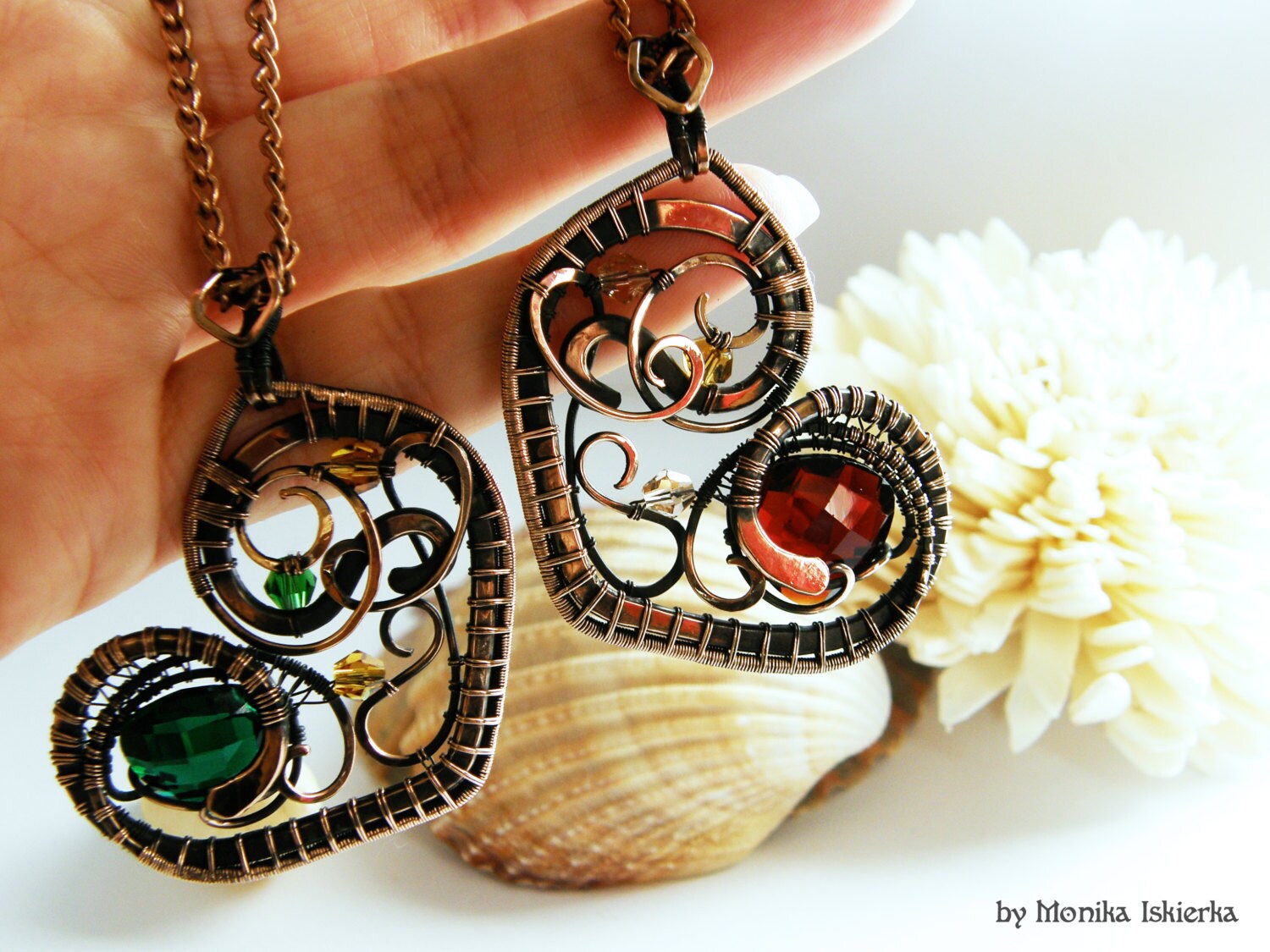 Hearts matching wire wrapped necklaces quartz copper by MeaJewelry