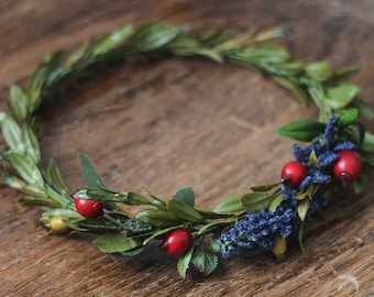 High Quality Synthetic Dark Blue+Deep Red and Mustard Berry Greenery Crown
