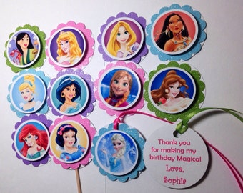 SET of 12 Disney Princess Cupcake Toppers, Favor Tags, FREE Personalize, Disney Princess Birthday, Princess Party Package, Designs by AliA