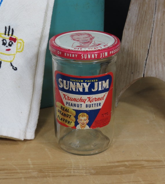 Sunny Jim Peanut Butter Glass Jar with Label and Lid Circa