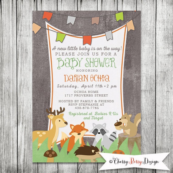 Woodland Baby Shower Invite with Forest Animals 5x7 JPG