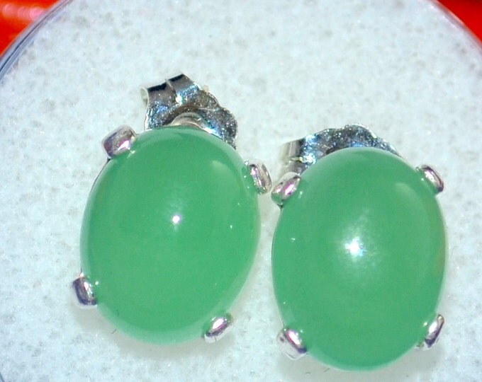 Indian Jade Studs, 10x8mm Oval, Natural Cabochons, Set in Sterling Silver E656