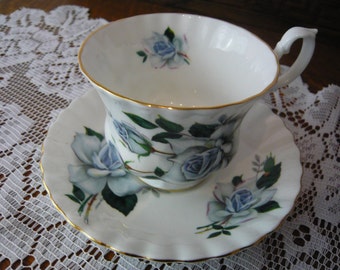 Vintage Royal Albert Blue Gray Rose Cup and Saucer Circa 1940s to 1970s