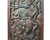 Indian Antique Vintage Country Door Panel Krishna Carved Door Wall Panel Dancing On Kaliya Serpent 72" X 36"