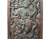 Indian Antique Vintage Country Door Panel Krishna Carved Door Wall Panel Dancing On Kaliya Serpent 72" X 36"