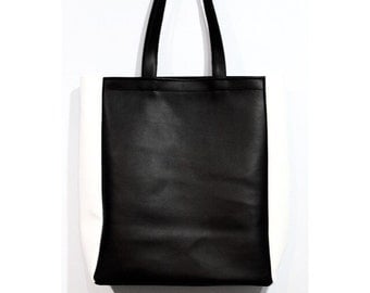 Black & White Faux Leather Tote Two Tone Shoulder by pingypearshop
