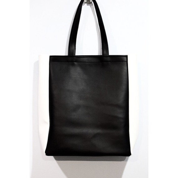 Black & White Faux Leather Tote Two Tone Shoulder School Bag