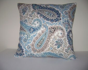Paisley Pillow Cover, SALE 16''x16'' Blue/Brown Paisley Pillow Cover, Ships Fast, Beach Decor Pillow Cover