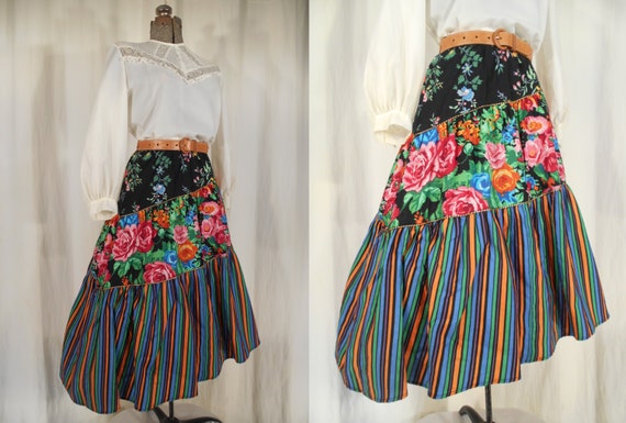 1970s Skirt // Tiered Skirt// Gypsy Skirt// Floral Skirt// Striped Skirt// New Look 70s 50s Style// Gypsy// Boho// Hippie// High Waist Skirt